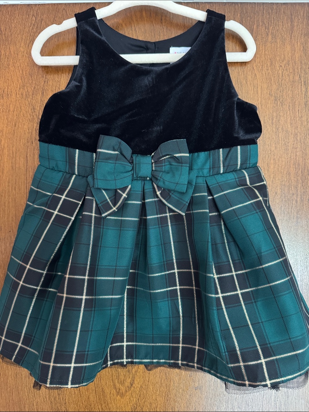 The Children's Place Black Velvet & Green Plaid Bow Holiday Dress